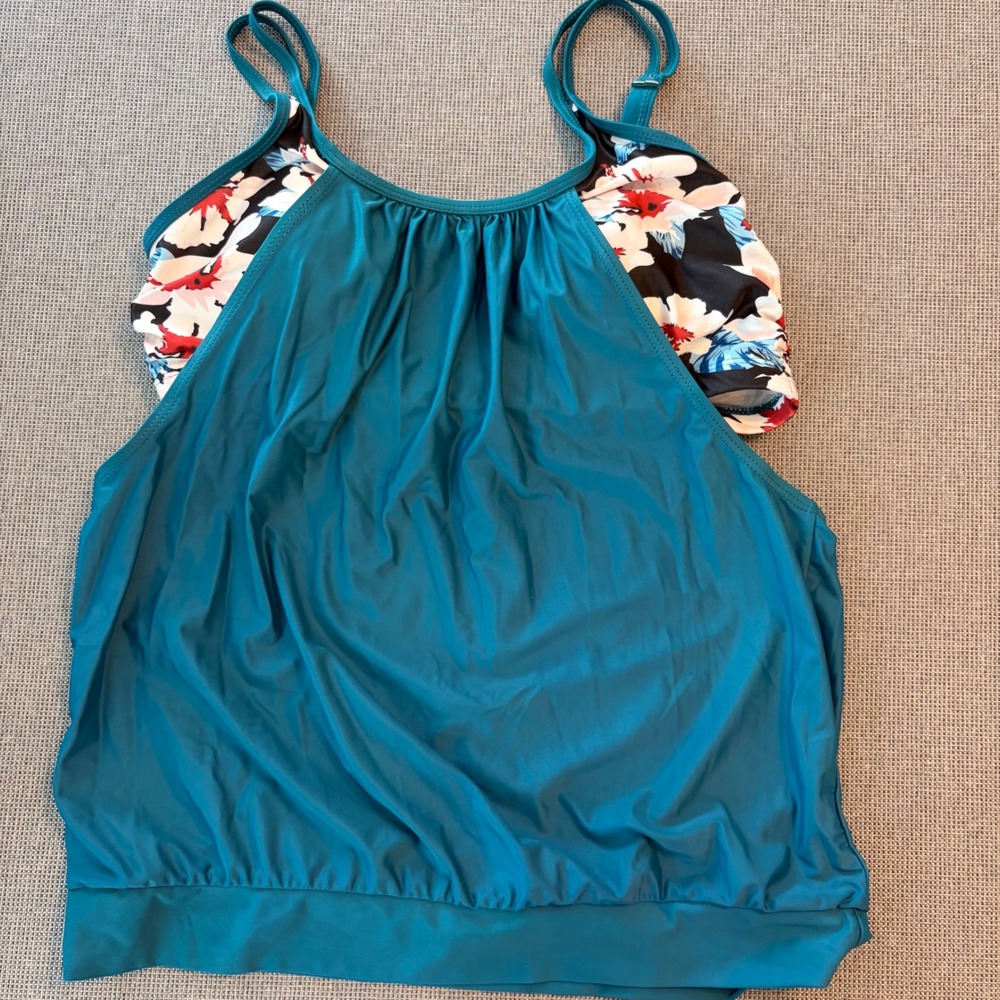 Tankini Top Floral Layered Blouson Resort Tropical Resortware Swim Suit Women L